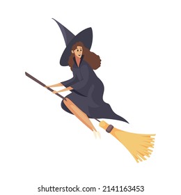 Smiling witch wearing hat flying on broom flat vector illustration