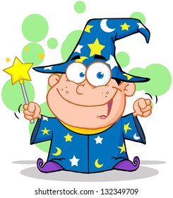 Smiling Wizard Boy Waving With Magic Wand