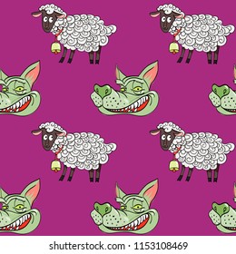 smiling wolf face and nice lamb seamless pattern