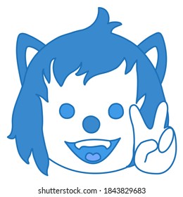 smiling wolf with a "V for victory" or "peace" gesture, funny cartoon character with simplistic facial expression, simple hand drawn circle shaped emoticon, vector illustration