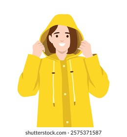 Smiling woman adjusts the hood of her yellow raincoat, prepared to face the rainy weather. Flat vector illustration isolated on white background