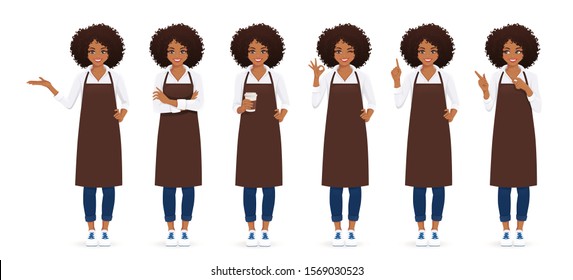 Smiling woman with afro hairstyle in apron standing with different gestures isolated vector illustration