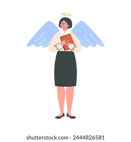 Smiling woman with angel wings and nimbus flat style, vector illustration isolated on white background. Decorative design element, good people, positive character