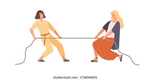 Smiling woman and angry female pulling opposite ends of rope vector flat illustration. Two rival girl during tug of war contest isolated on white background. Cartoon person have leadership struggle