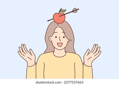 Smiling woman with apple with pierced arrow on head. Happy girl participate in dangerous circus show or entertainment. Vector illustration. 