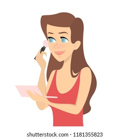 Smiling woman applying powder on her face with brush. Face makeup and skin care. Isolated vector illustration in cartoon style.