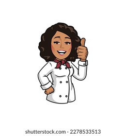 Smiling woman in apron with afro hairstyle gesturing ok sign isolated vector illustration