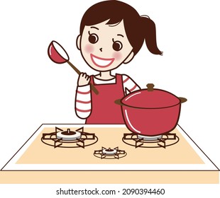 A smiling woman in an apron cooking on a gas stove.


