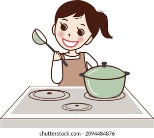 A smiling woman in an apron cooking on an IH stove.