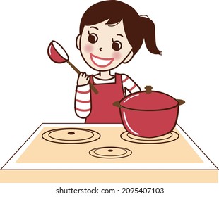 A smiling woman in an apron cooking on an IH stove.