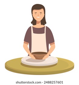 Smiling woman in apron creating pottery on a spinning wheel, against a neutral background