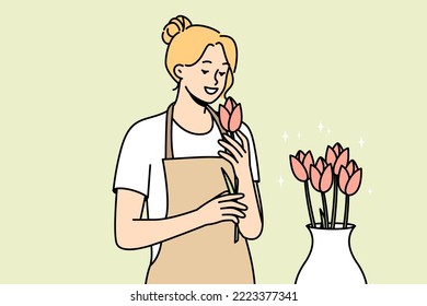 Smiling woman in apron with flowers in shop. Happy female florist working with roses composition in floral shop. Vector illustration. 