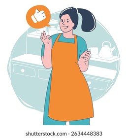 Smiling woman in apron giving OK hand sign in kitchen