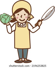 Smiling woman in apron holding cabbage   frying pan 
