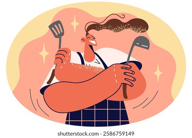 Smiling woman in apron holding kitchen utensils in hands. Happy female chef with kitchenware. Cooking and culinary hobby. Vector illustration.