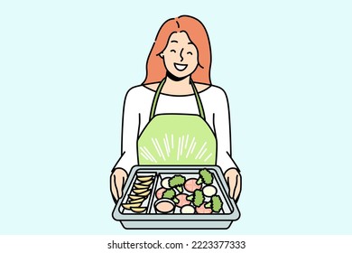 Smiling woman in apron holding tray with delicious food baking. Happy housewife cooking meal at home. Diet and nutrition. Vector illustration. 
