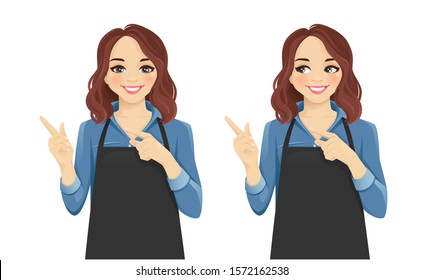 Smiling woman in apron pointing away isolated vector illustration