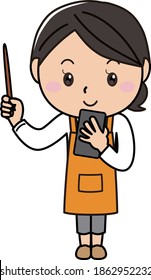 A smiling woman in an apron with a smartphone and a pointer