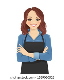 Smiling woman in apron standing with arms crossed isolated vector illustration