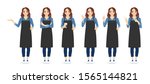 Smiling woman in apron standing with different gestures isolated vector illustration