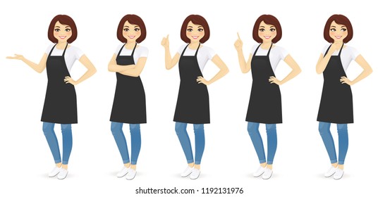 Smiling woman in apron standing with different gestures isolated