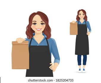 Smiling woman in apron standing with paper packet isolated vector illustration