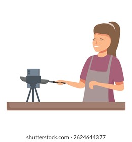 Smiling woman in an apron uses a contemporary kitchen appliance