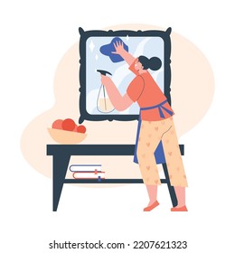 Smiling woman in apron washes mirror flat style, vector illustration isolate don white background. Cleaning, shiny surface, household character. Room interior, home clothes