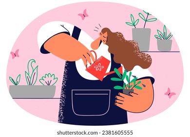 Smiling woman in apron watering flowers and plants in greenhouse. Happy female take care of houseplants indoors. Hobby and gardening. Vector illustration.