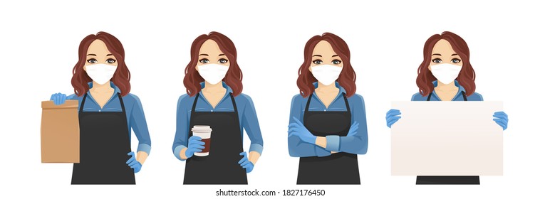 Smiling woman in apron wearing protective mask as protection against transmissible infectious diseases and air pollution. isolated vector illustration