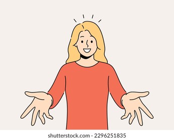 Smiling woman with arms open feel positive and optimistic meeting someone. Happy girl stretch hands welcoming newcomer or newbie. Vector illustration. 