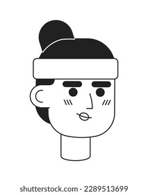 Smiling woman with athletic headband monochromatic flat vector character head. Editable black white cartoon face emotion. Hand drawn lineart ink spot illustration for web graphic design, animation