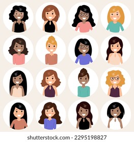 Smiling woman avatar set. Different women characters collection. Isolated vector illustration. Avatar woman entrepreneur