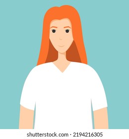 Smiling woman avatar in square vector flat illustration. Red head young female with white t-shirt. Doctor avatar.