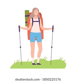 Smiling Woman with Backpack and Trekking Pole Walking Vector Illustration