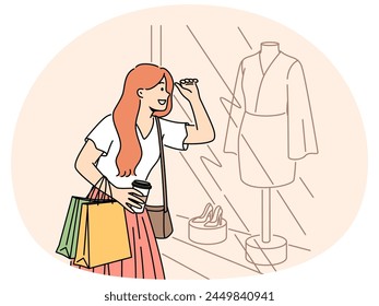 Mujer sonriente con el bolso mira en la vitrina que elige el vestido. Feliz comprador femenino mira la caja de la ventana compra ropa. Adicto a las compras y la moda. Ilustración vectorial.