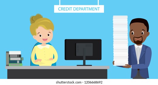 Smiling woman bank worker in the credit department and man with big stack of loan approval papers,flat vector illustration
