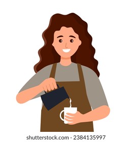 Smiling woman barista wearing apron standing whipped milk into the coffee mug. Coffee shop, coffee time and take away concept.