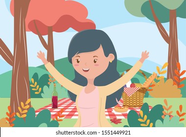 smiling woman basket food picnic nature landscape vector illustration