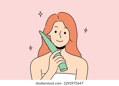 Smiling woman in bath towel hold fresh aloe vera leaf for skin care. Happy girl use organic product for healthy glowing face skin. Skincare. Vector illustration. 