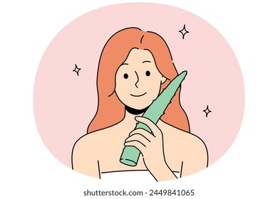 Smiling woman in bath towel hold fresh aloe vera leaf for skin care. Happy girl use organic product for healthy glowing face skin. Skincare. Vector illustration.