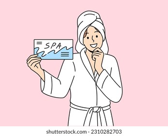Smiling woman in bathrobe and towel on head holding spa center certificate. Happy female use beauty salon voucher for skincare procedures. Vector illustration. 