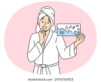 Smiling woman in bathrobe and towel on head holding spa center certificate. Happy female use beauty salon voucher for skincare procedures. Vector illustration.