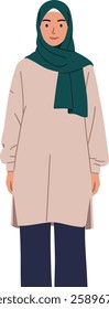 A smiling woman in a beige tunic and dark pants stands confidently, embodying a welcoming atmosphere in this flat vector illustration.