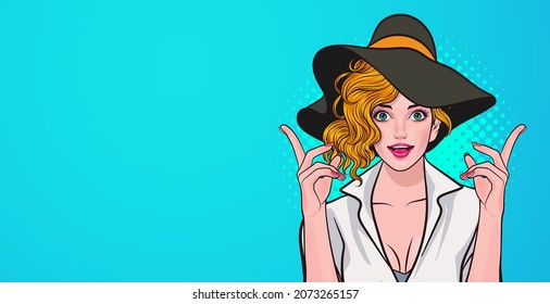 smiling woman with big hat looking and pointing up pop art comics style.