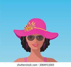Smiling woman with big pink sun hat and glasses. Vector illustration.