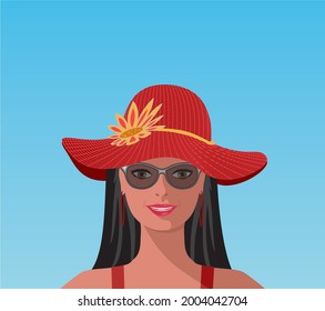 Smiling woman in big red sun hat and sunglasses. Vector illustration. EPS10
