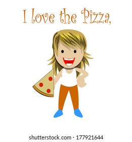 Smiling woman, big smile, pizza lover in his hand holding a white background, orange text.