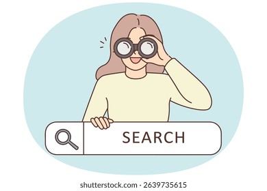 Smiling woman with binoculars searching on web. Happy girl with optical device look for information in internet. Vector illustration.