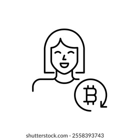 Smiling woman and bitcoin symbol in refresh arrow. Crypto-enabled user account. Online payment and finances. Pixel perfect vector icon